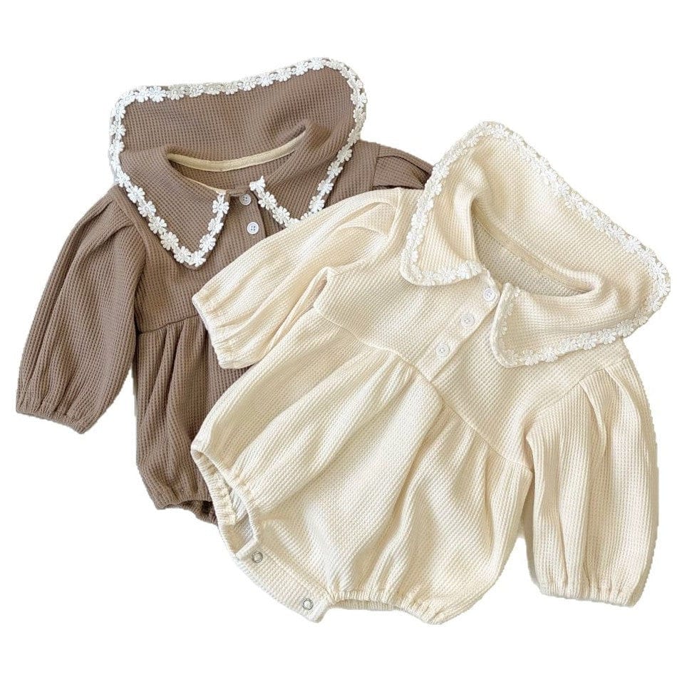 長袖ロンパース ベビーロンパース ワッフル襟付き長袖パフスリーブボディスーツ【mh0009031】