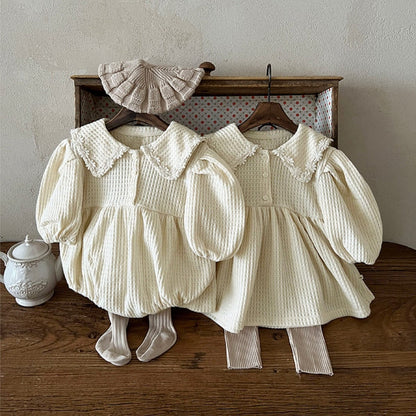 長袖ロンパース ベビーロンパース ワッフル襟付き長袖パフスリーブボディスーツ【mh0009031】