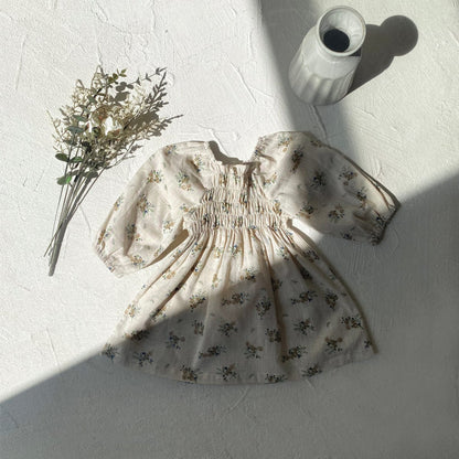 長袖ワンピース ベビーワンピース フラワープリント長袖パフスリーブスモックワンピース【mh0009035】