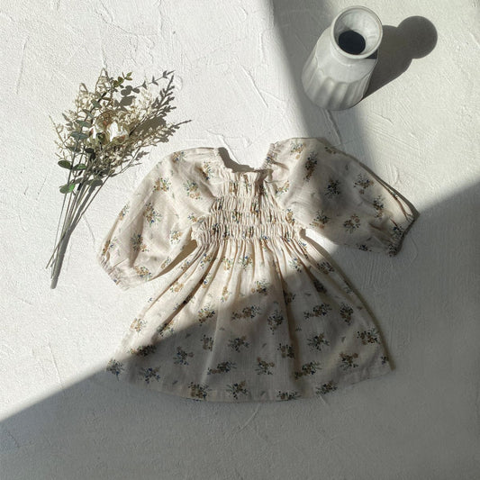 長袖ワンピース ベビーワンピース フラワープリント長袖パフスリーブスモックワンピース【mh0009035】