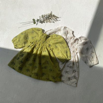 長袖ワンピース ベビーワンピース フラワープリント長袖パフスリーブスモックワンピース【mh0009035】