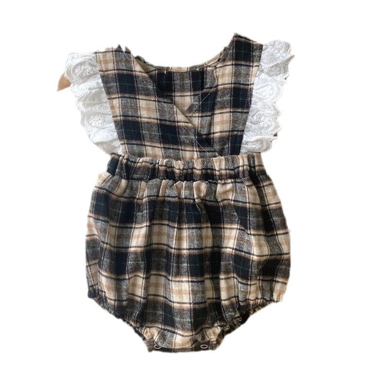 ノースリーブロンパース ベビーロンパース チェックショルダーレースフリルノースリーブボディスーツ【mh0009037】