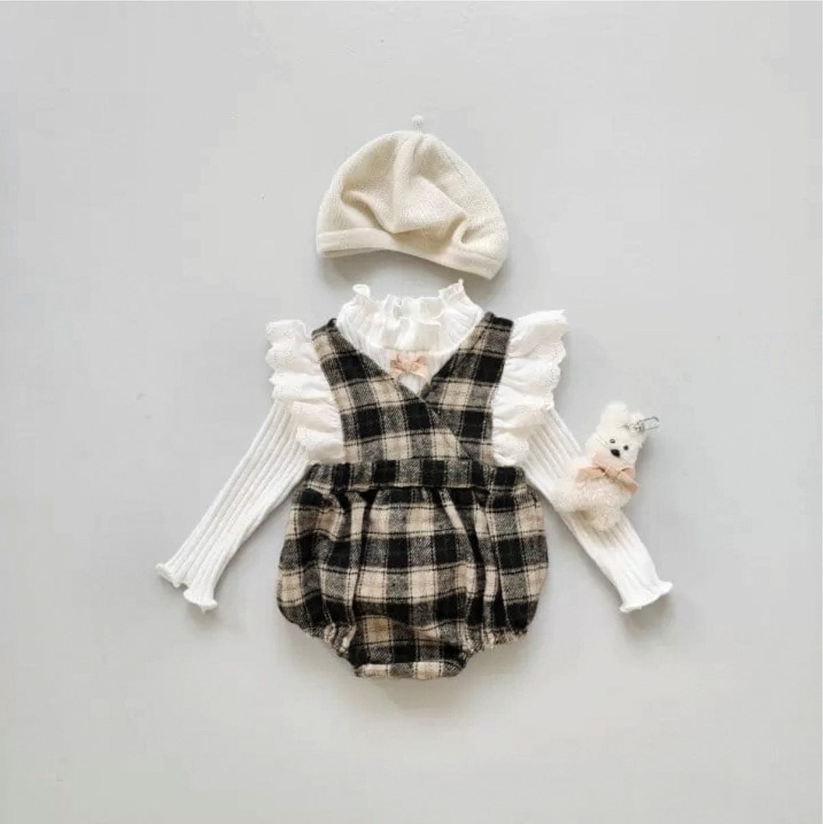 ノースリーブロンパース ベビーロンパース チェックショルダーレースフリルノースリーブボディスーツ【mh0009037】