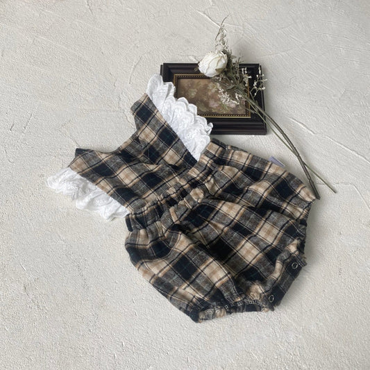 ノースリーブロンパース ベビーロンパース チェックショルダーレースフリルノースリーブボディスーツ【mh0009037】