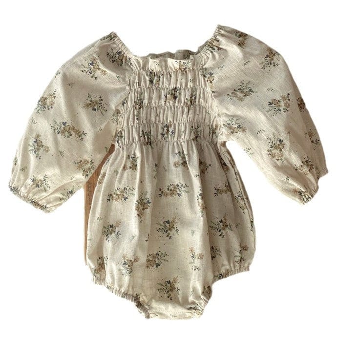 長袖ロンパース ベビーロンパース フラワープリント長袖パフスリーブスモックボディスーツ【mh0009039】