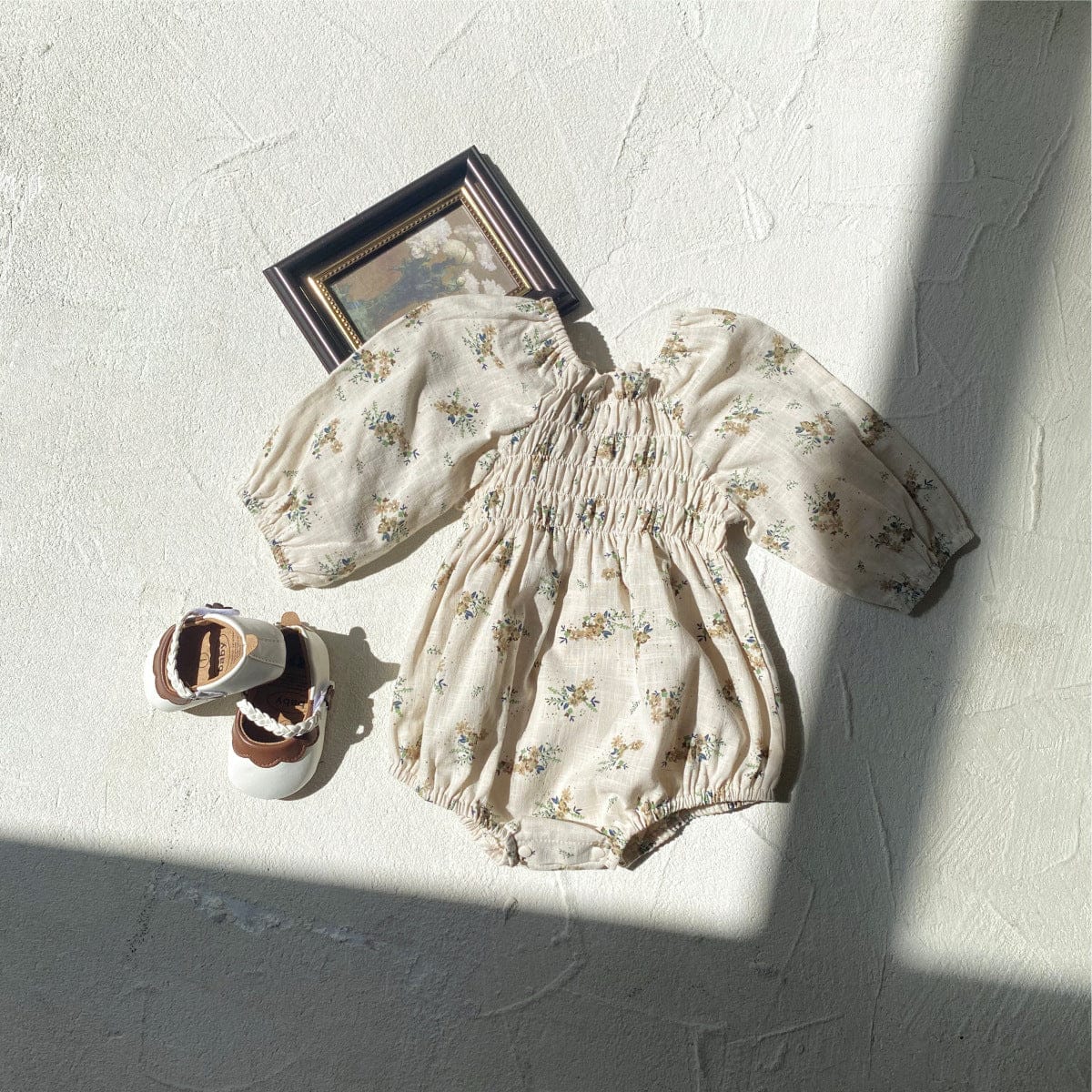 長袖ロンパース ベビーロンパース フラワープリント長袖パフスリーブスモックボディスーツ【mh0009039】