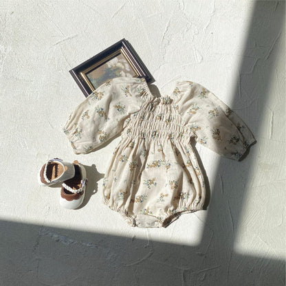 長袖ロンパース ベビーロンパース フラワープリント長袖パフスリーブスモックボディスーツ【mh0009039】