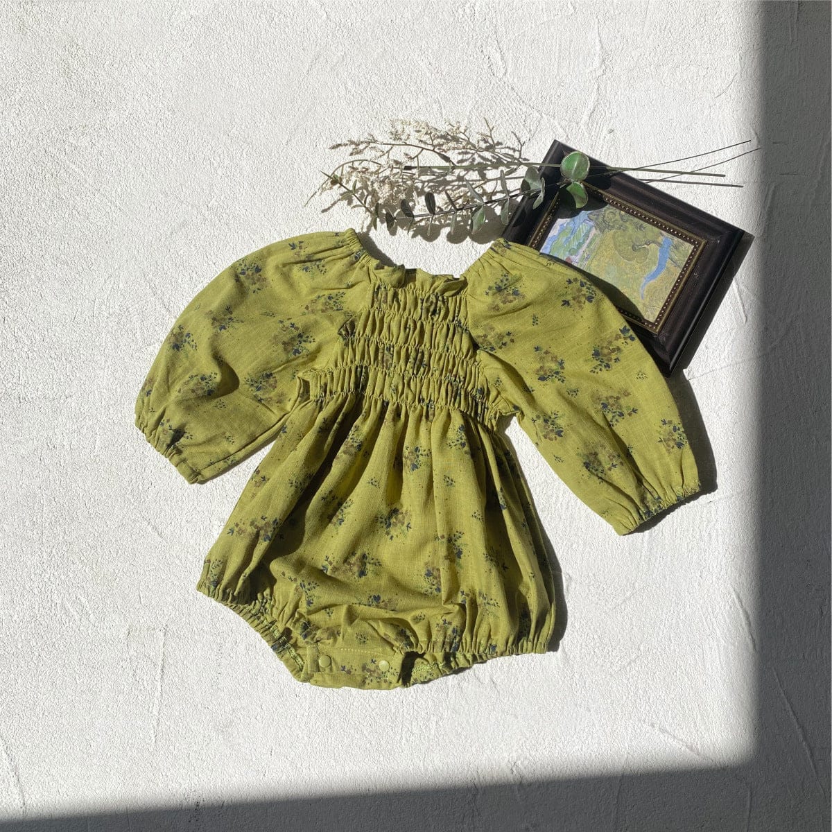 長袖ロンパース ベビーロンパース フラワープリント長袖パフスリーブスモックボディスーツ【mh0009039】