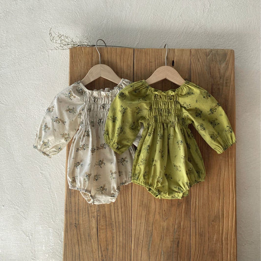 長袖ロンパース ベビーロンパース フラワープリント長袖パフスリーブスモックボディスーツ【mh0009039】