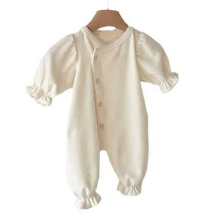 長袖ロンパース 長袖パフスリーブジャンプスーツ ボンネット帽子セット【mh0009662】