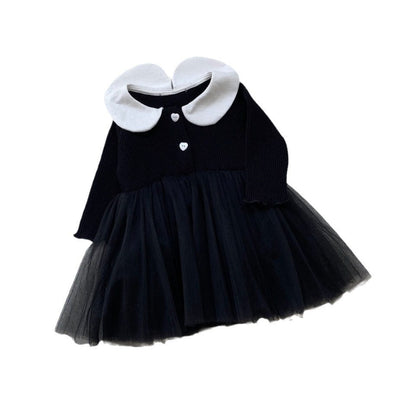 長袖ワンピース チュチュチュールスカート丸襟長袖ドレスワンピース【mh0009664】