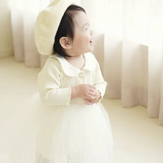 長袖ワンピース チュチュチュールスカート丸襟長袖ドレスワンピース【mh0009664】