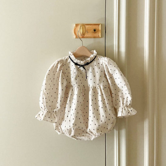 長袖ロンパース 水玉プリントリボン長袖ロンパース【mh0009665】