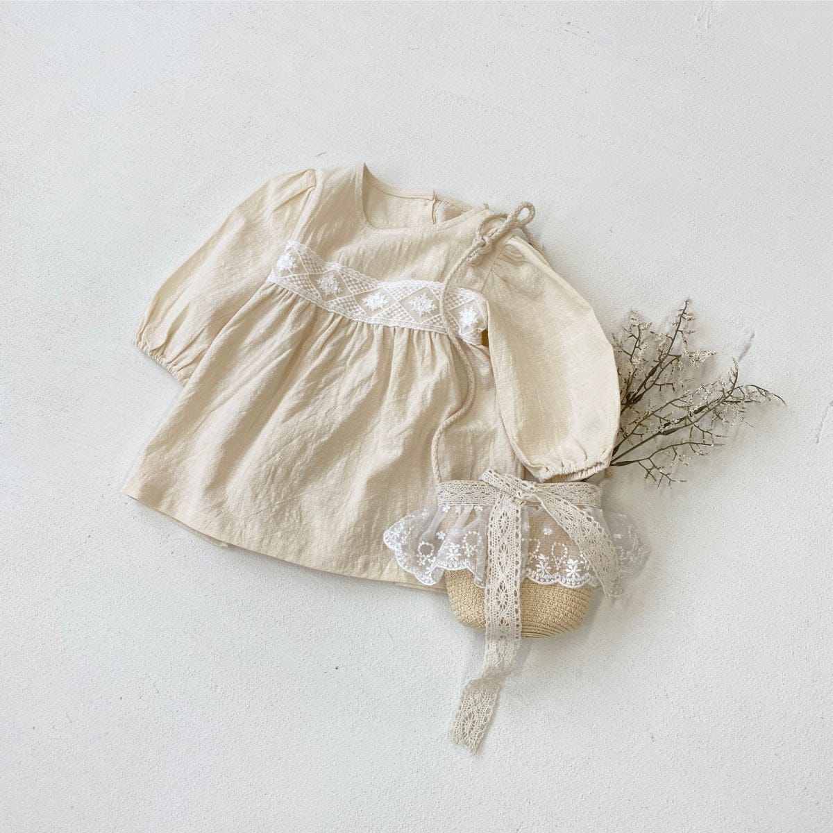 長袖ワンピース レースアクセント長袖コットンワンピース【mh0009669】