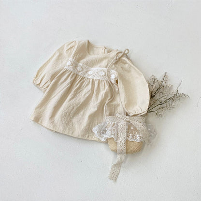 長袖ワンピース レースアクセント長袖コットンワンピース【mh0009669】