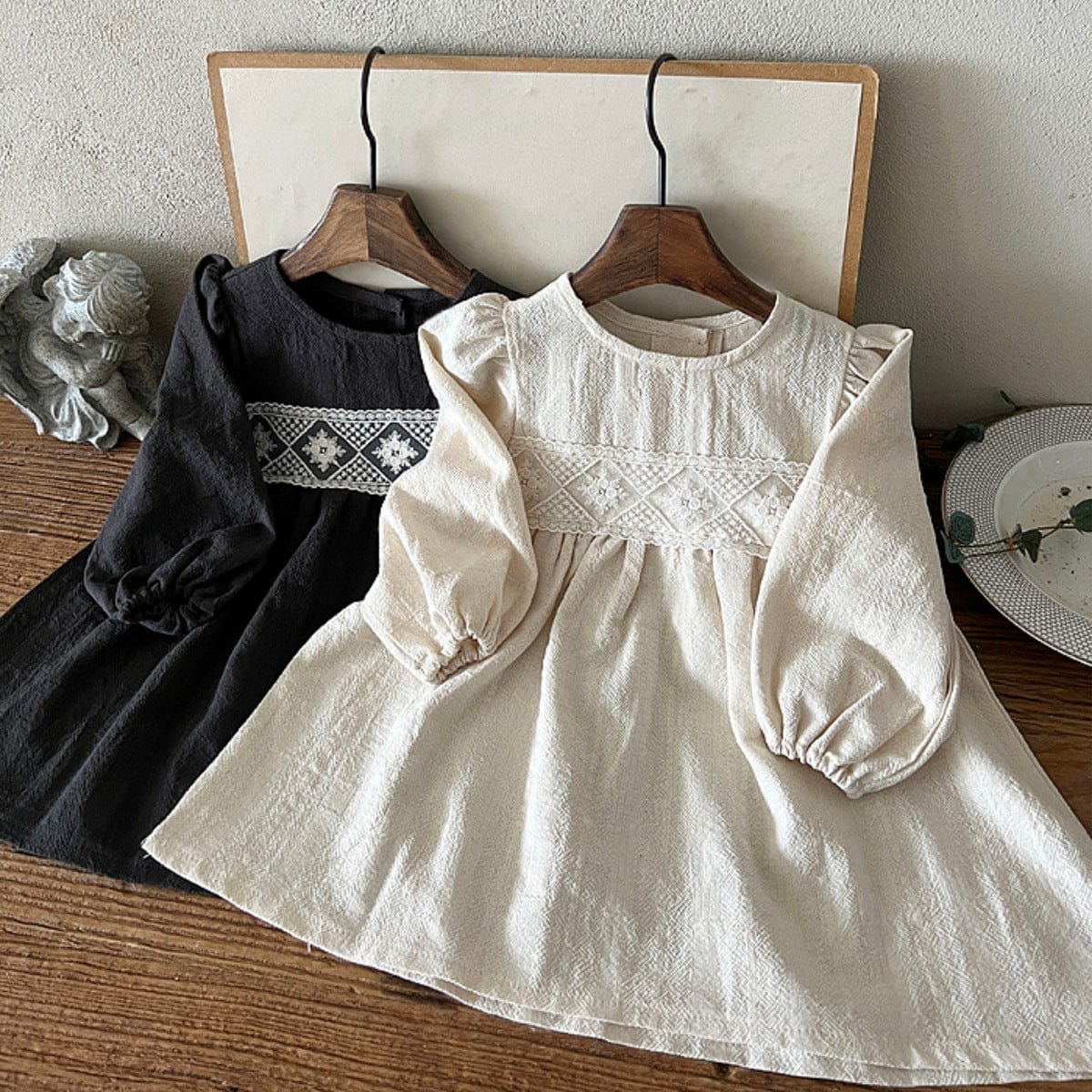 長袖ワンピース レースアクセント長袖コットンワンピース【mh0009669】