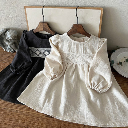 長袖ワンピース レースアクセント長袖コットンワンピース【mh0009669】