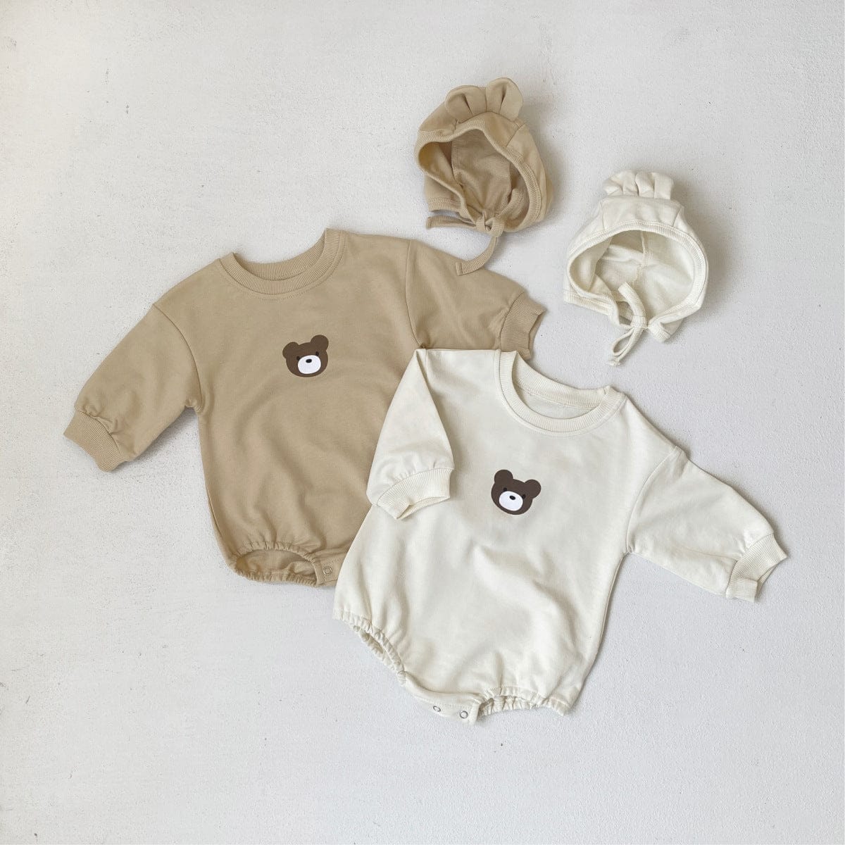 長袖ロンパース ベアくまプリント長袖ロンパース 耳付き帽子セット【mh0009670】