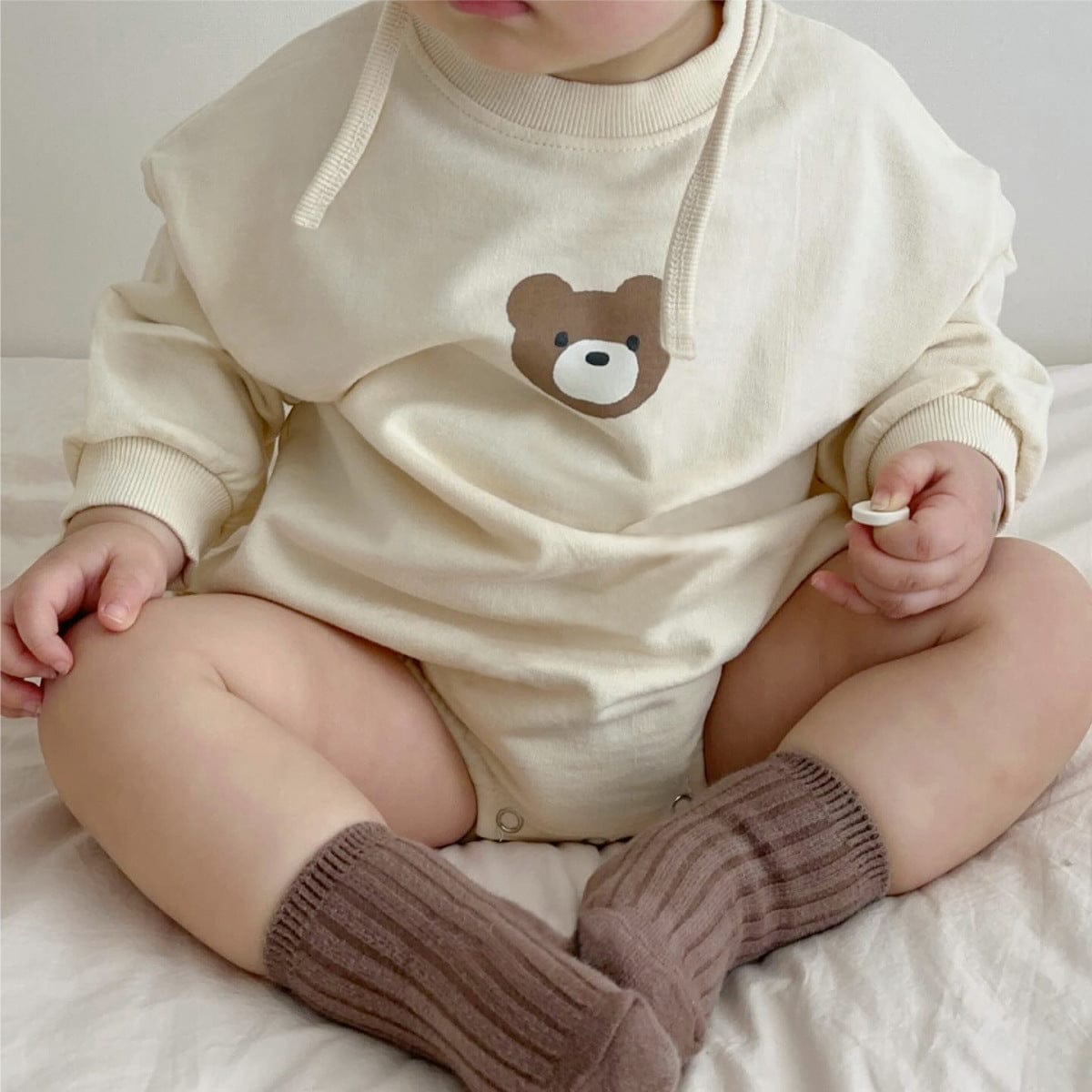 長袖ロンパース ベアくまプリント長袖ロンパース 耳付き帽子セット【mh0009670】