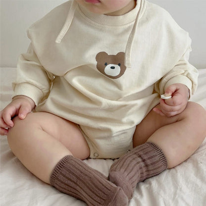 長袖ロンパース ベアくまプリント長袖ロンパース 耳付き帽子セット【mh0009670】