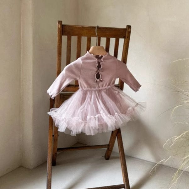 長袖ワンピース バックリボンチュチュチュールスカートドッキング長袖ワンピース【mh0009671】