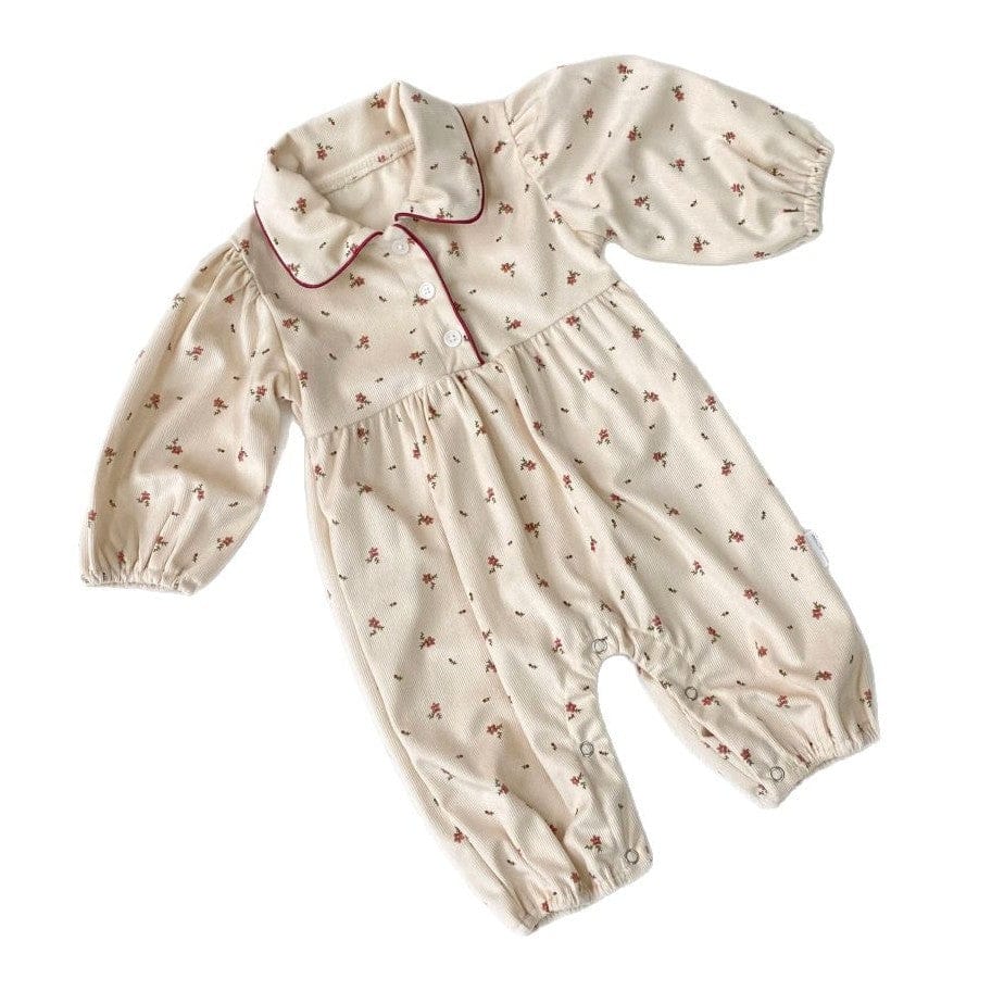 長袖ロンパース フラワープリント丸襟長袖パフスリーブロンパース【mh0009672】