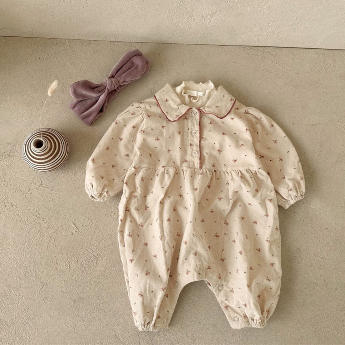 長袖ロンパース フラワープリント丸襟長袖パフスリーブロンパース【mh0009672】