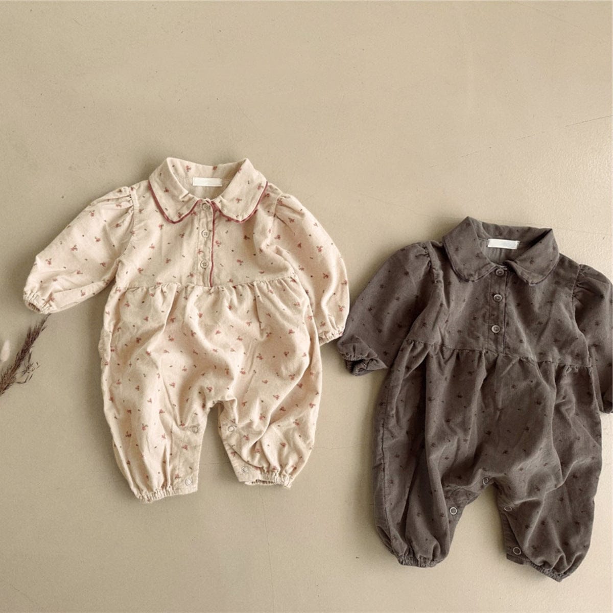 長袖ロンパース フラワープリント丸襟長袖パフスリーブロンパース【mh0009672】