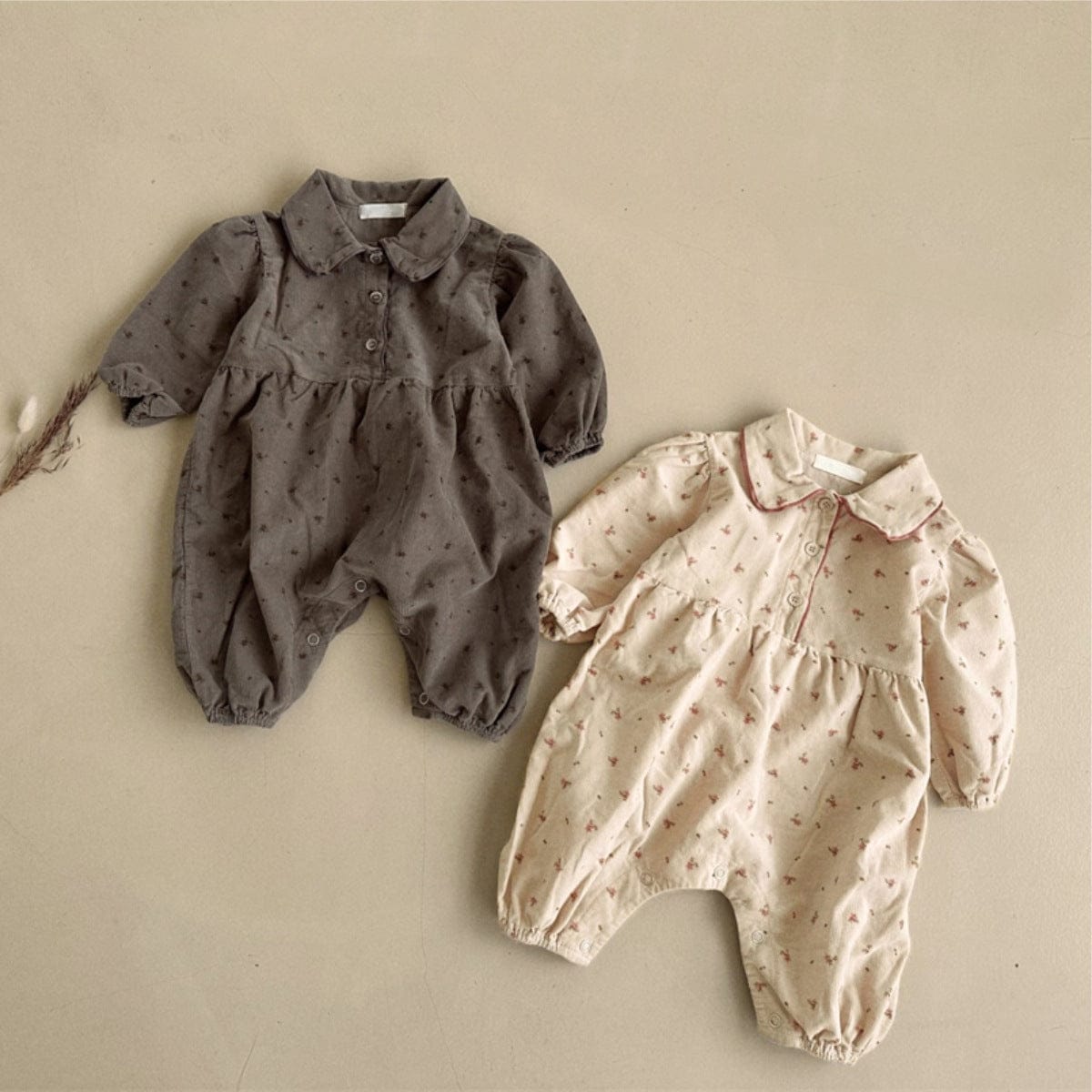 長袖ロンパース フラワープリント丸襟長袖パフスリーブロンパース【mh0009672】