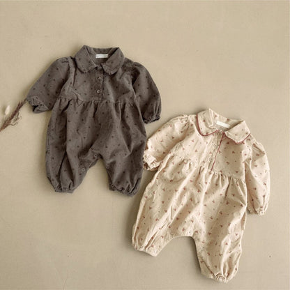 長袖ロンパース フラワープリント丸襟長袖パフスリーブロンパース【mh0009672】