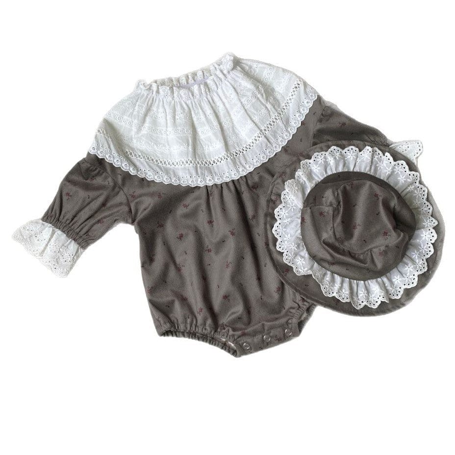 長袖ロンパース フラワープリントレースフリル長袖ロンパース 帽子セット【mh0009673】