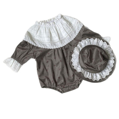 長袖ロンパース フラワープリントレースフリル長袖ロンパース 帽子セット【mh0009673】