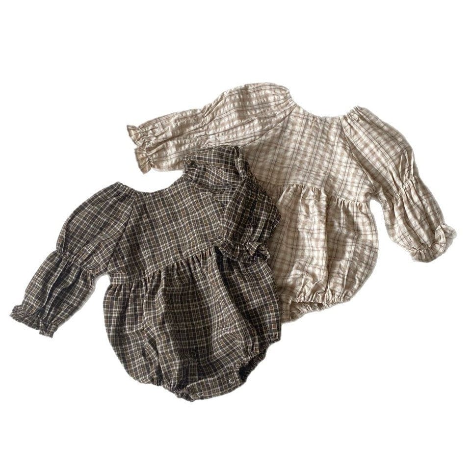 長袖ロンパース レトロチェックベルスリーブ長袖ロンパース【mh0009674】