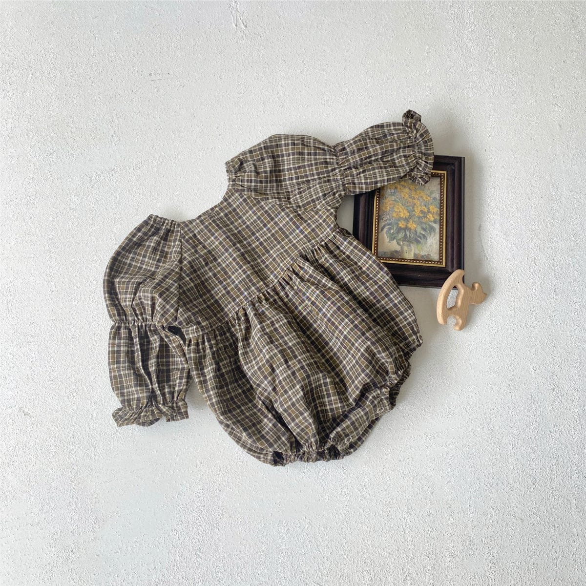 長袖ロンパース レトロチェックベルスリーブ長袖ロンパース【mh0009674】