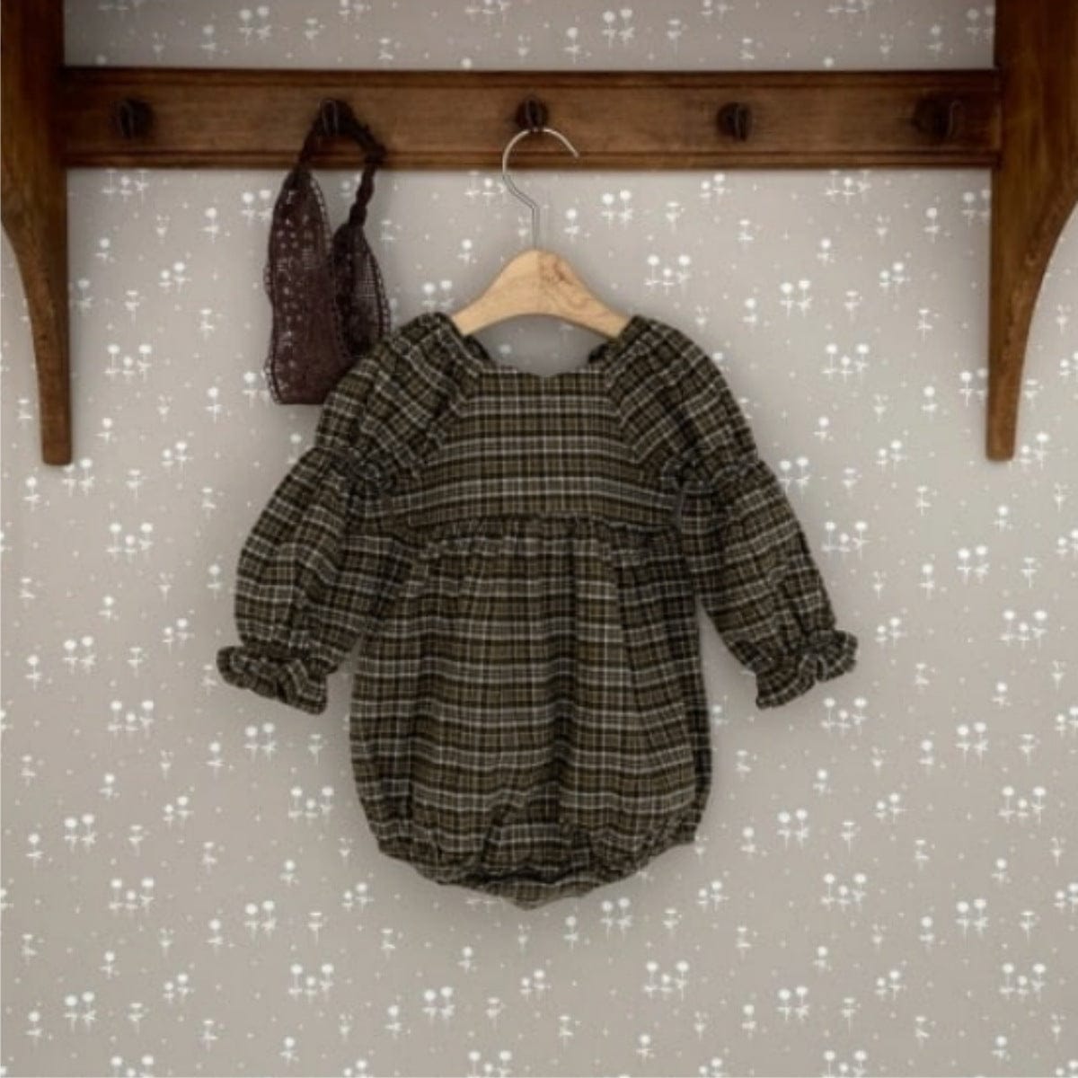 長袖ロンパース レトロチェックベルスリーブ長袖ロンパース【mh0009674】