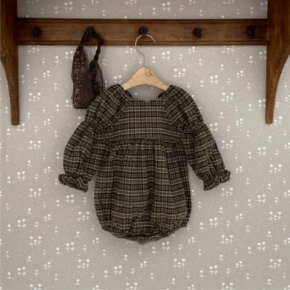 長袖ロンパース レトロチェックベルスリーブ長袖ロンパース【mh0009674】