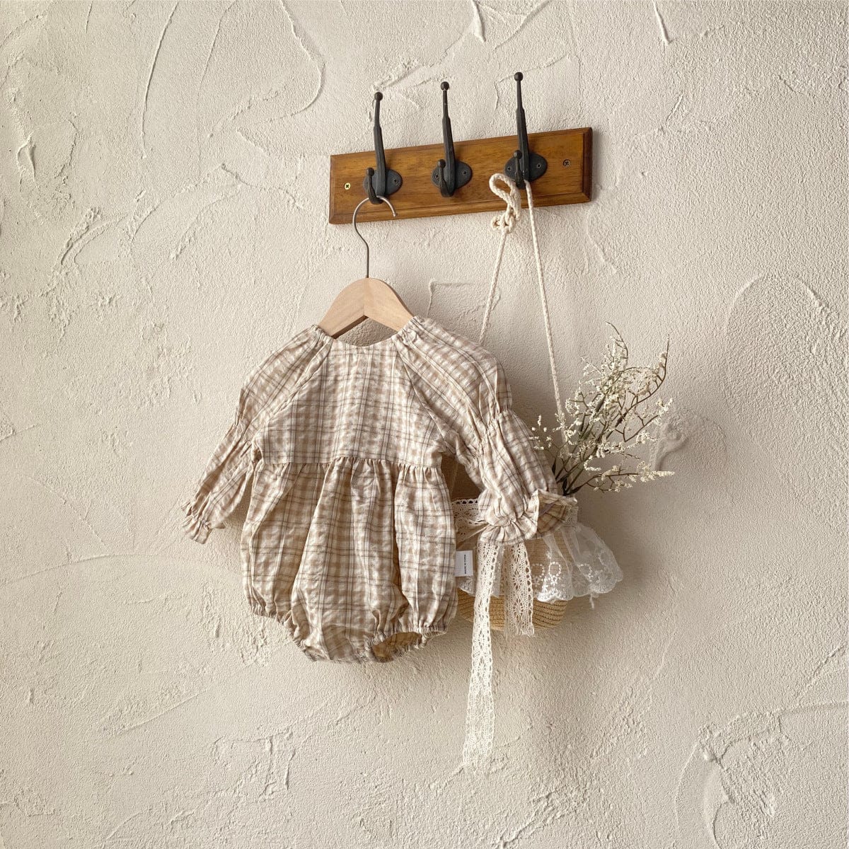 長袖ロンパース レトロチェックベルスリーブ長袖ロンパース【mh0009674】