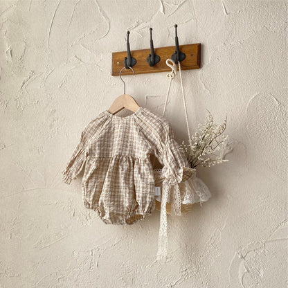 長袖ロンパース レトロチェックベルスリーブ長袖ロンパース【mh0009674】