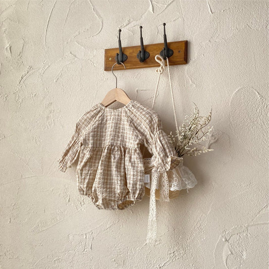 長袖ロンパース レトロチェックベルスリーブ長袖ロンパース【mh0009674】