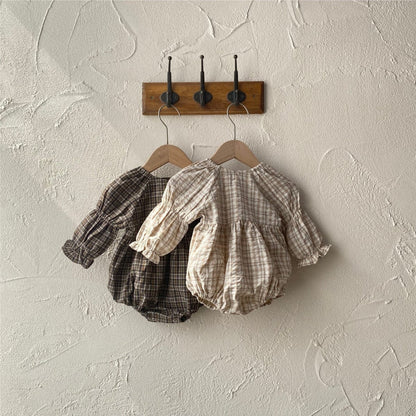 長袖ロンパース レトロチェックベルスリーブ長袖ロンパース【mh0009674】