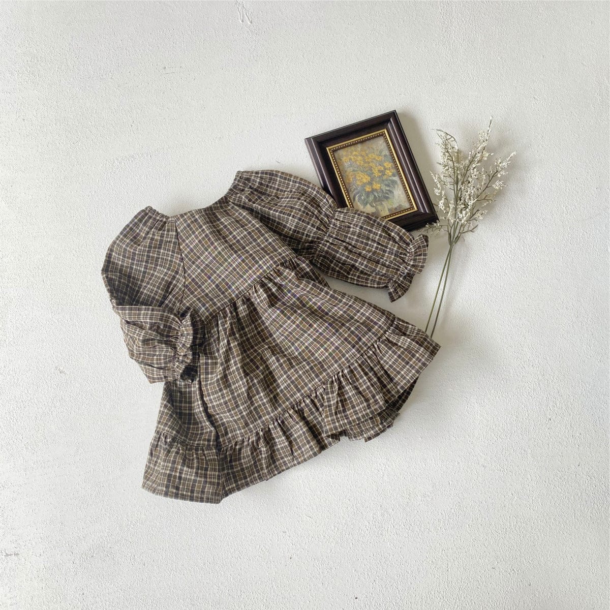 長袖ワンピース レトロチェックベルスリーブ長袖ワンピース【mh0009675】