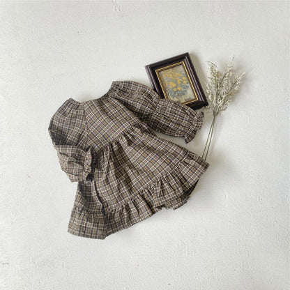 長袖ワンピース レトロチェックベルスリーブ長袖ワンピース【mh0009675】