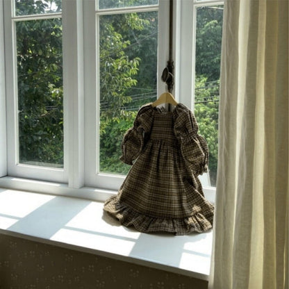 長袖ワンピース レトロチェックベルスリーブ長袖ワンピース【mh0009675】