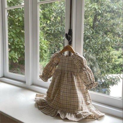 長袖ワンピース レトロチェックベルスリーブ長袖ワンピース【mh0009675】