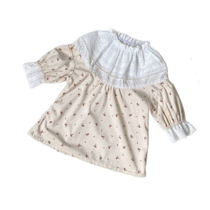 長袖ワンピース フラワープリントレースフリル長袖ワンピース 帽子セット【mh0009676】