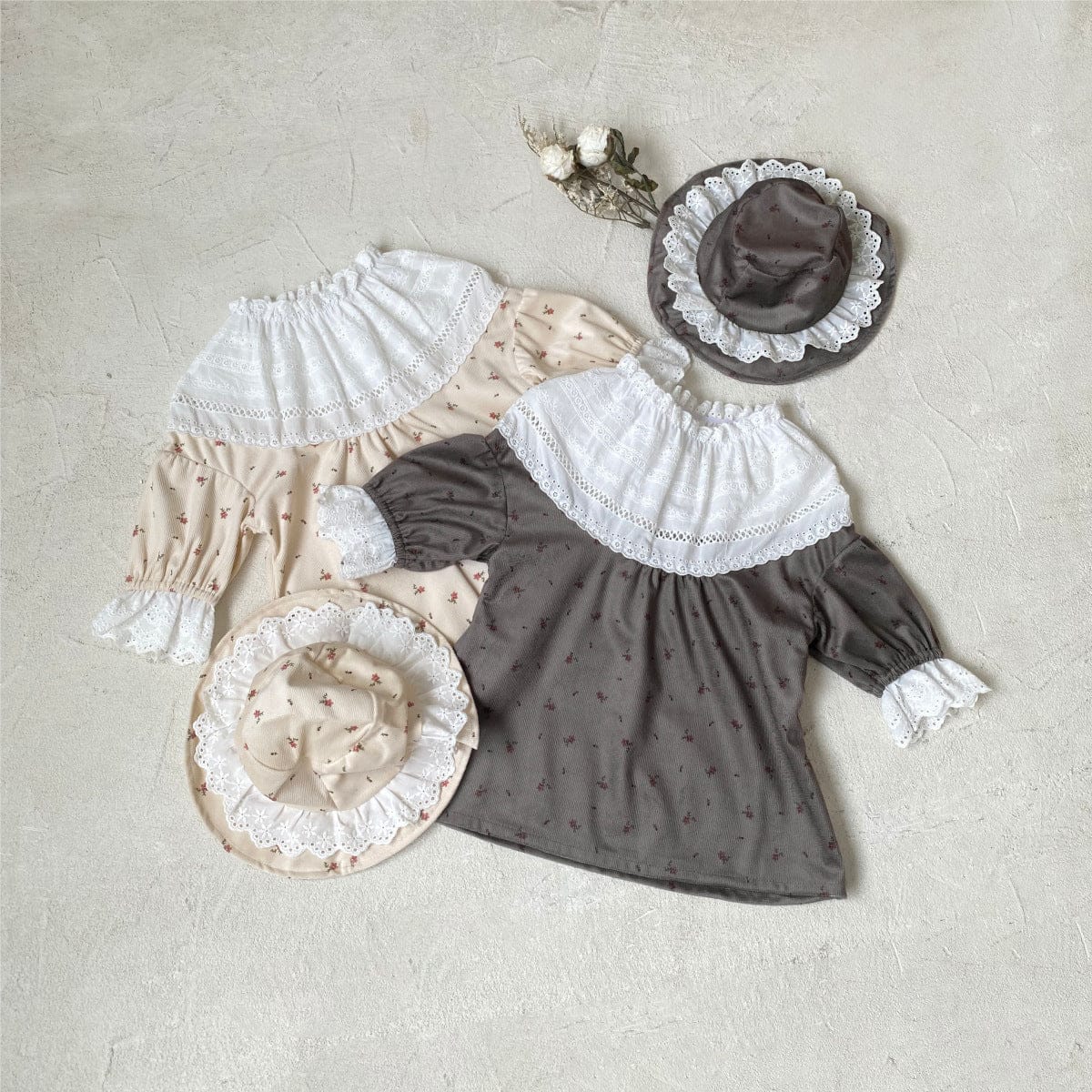 長袖ワンピース フラワープリントレースフリル長袖ワンピース 帽子セット【mh0009676】