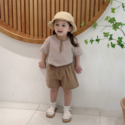 半袖セットアップ ヘンリーネックチェック半袖シャツ+ショートパンツ【mh0009849】