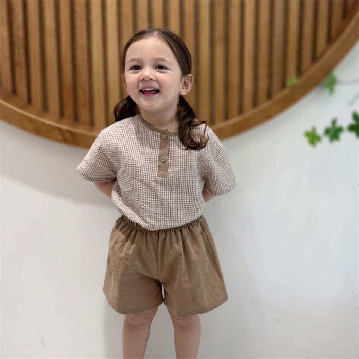 半袖セットアップ ヘンリーネックチェック半袖シャツ+ショートパンツ【mh0009849】