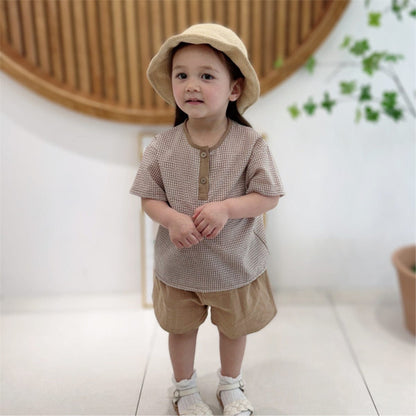 半袖セットアップ ヘンリーネックチェック半袖シャツ+ショートパンツ【mh0009849】