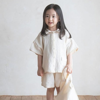 半袖セットアップ シンプルコットン半袖シャツ+ショートパンツ【mh0009984】